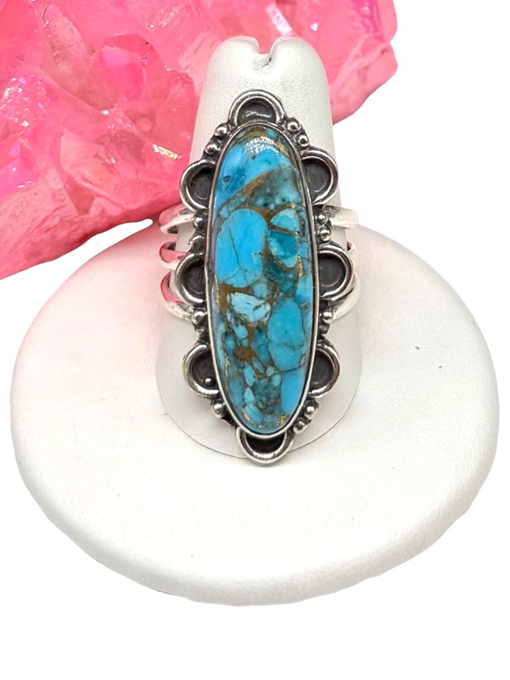 Kingman Mine Copper Turquoise Ring Size 9 Solid 925 Sterling Silver Long Oval